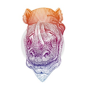 Rhino, rhinoceros. Wild pirate or biker. Vector animal portrait. Sailor, motorcyclist. Print for children clothing, tee