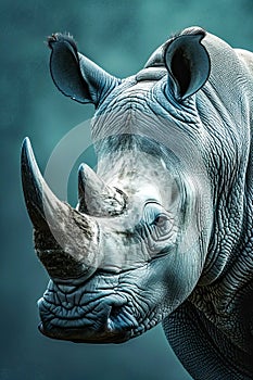 Rhino's head is shown in close up with blue background that emphasizes its features. Generative AI