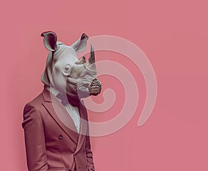 Rhino wearing a formal attire against the pastel pink background.