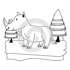 Rhino wildlife cute animal cartoon in black and white