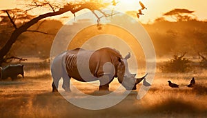 Rhinoceros in Africa in the sunset