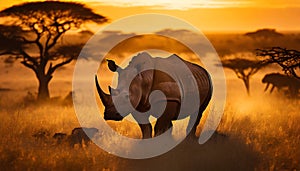 Rhinoceros in Africa in the sunset