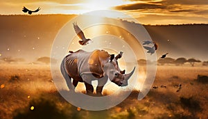 Rhinoceros in Africa in the sunset