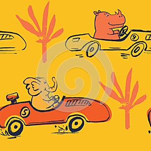 Rhinoceros, elephant car race funny cool summer t-shirt seamless pattern. Road trip vacation print design.
