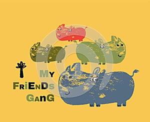 Rhinoceros friends gang cool summer t-shirt print. African animal with slogan