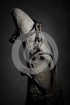 Rhinoceros horn with handcuffs close-up representing the species in danger of being extinct