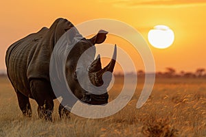 A rhinoceros, a large herbivorous mammal, standing in a field during the golden hour of sunset, An impressive rhino, stark against