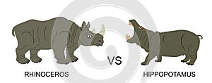 Rhinoceros male against hippopotamus vector illustration isolated on black. African animals.