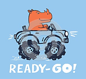 Rhinoceros monster, truck funny cool summer t-shirt print design. Racing car. Speed sport buggy