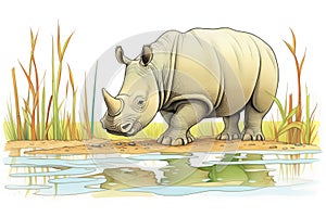 rhinoceros near a creek, munching on green reeds