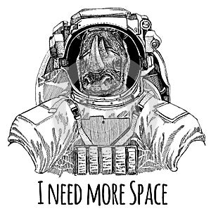 Rhinoceros, rhino Astronaut. Space suit. Hand drawn image of lion for tattoo, t-shirt, emblem, badge, logo patch