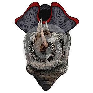 Rhinoceros, rhino portrait. Head of wild animal. Cocked hat.