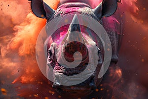 A rhinoceros stands against a bright pink and orange background, covered in colored powders, Holi Festival of Colors