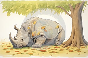 rhinoceros under the shadow of a tree, munching leaves