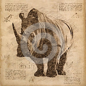 Rhinoceros in Vintage Steampunk Da Vinci Drawing Style