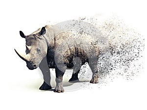 Rhinoceros on a white background with a dispersion abstract effect.