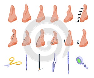 Rhinoplasty icons set isometric vector. Human nose
