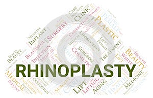 Rhinoplasty typography word cloud create with the text only. Type of plastic surgery