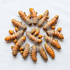 Rhizomes (Curcuma longa) arranged in a circular pattern on a white