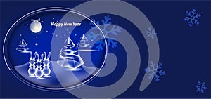 New Year banner design template with bunnies, Christmas trees and the moon.