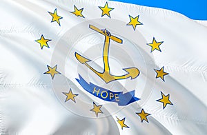 Rhode Island flag. 3D Waving USA state flag design. The national US symbol of Rhode Island state, 3D rendering. National colors