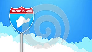 Rhode Island map on road sign. Welcome to State of Louisiana. Motion graphics.