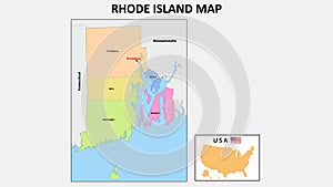 Rhode Island Map. State and district map of Rhode Island. Political map of Rhode Island with neighboring countries and borders