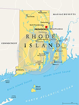 Rhode Island, RI, political map, State of Rhode Island and Providence Plantations