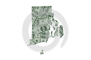 Rhode Island State Map Outline and United States Money Concept, Hundred Dollar Bills