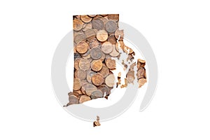 Rhode Island State Map Outline and United States Money Concept, Piles of One Cent Coins, Pennies