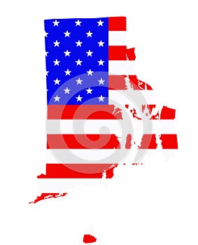 Rhode Island state map vector silhouette illustration. United States of America flag over Rhode Island map. USA