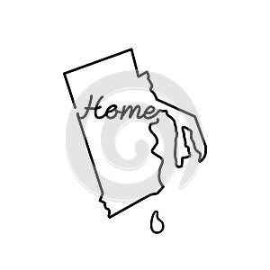 Rhode Island US state outline map with the handwritten HOME word. Continuous line drawing of patriotic home sign