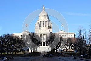 Rhode Island, USA: 20/11/2019: Rhode Island State House is capitol of state on border: Downtown & Smith Hill sections. neoclassica