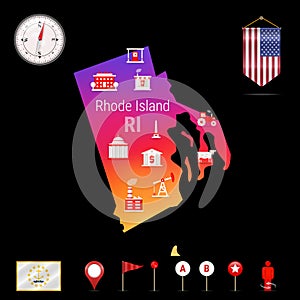 Rhode Island Vector Map, Night View. Compass Icon, Map Navigation Elements. Pennant Flag of the USA. Industries Icons