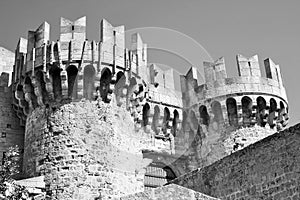 Rhodes Old Medieval Town towers in b/w