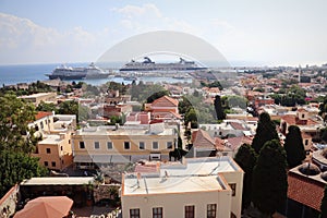 Rhodes old town aerial panoramic view in Rhodes island in Greece