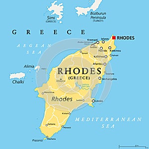 Rhodes, political map, largest of the Dodecanese island of Greece photo