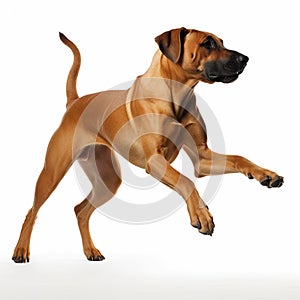 Rhodesian Ridgeback dog jumping close up portrait isolated on white background. Cute pet, loyal friend