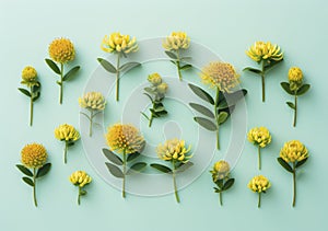 Rhodiola rosea flowers flat lay pattern on pastel teal background.