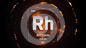 Rhodium as Element 45 of the Periodic Table 3D illustration on orange background