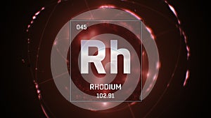 Rhodium as Element 45 of the Periodic Table 3D illustration on red background