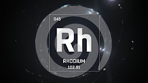 Rhodium as Element 45 of the Periodic Table 3D illustration on silver background