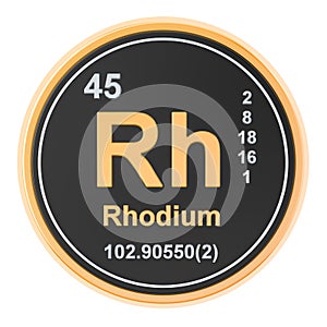 Rhodium Rh chemical element. 3D rendering