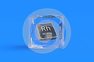 Rhodium Rh chemical element of periodic table in ice cube. Symbol of chemistry element