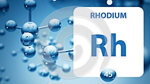 Rhodium Rh, chemical element sign. 3D rendering isolated on white background. Rhodium chemical 45 element for science experiments