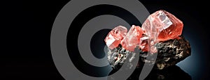 Rhodochrosite is a rare precious natural stone on a black background. AI generated. Header banner mockup with space. photo