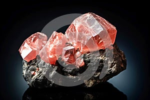Rhodochrosite is a rare precious natural stone on a black background. AI generated. Header banner mockup with space. photo