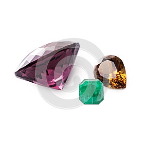 Rhodolite garnet, tourmaline and emerald. Perfect dazzling faceted gems. Luxury jewels