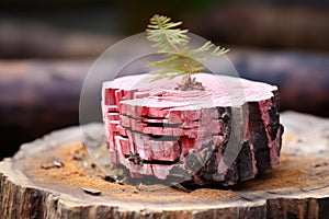 rhodonite stone on a wooden stump