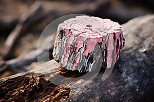 rhodonite stone on a wooden stump